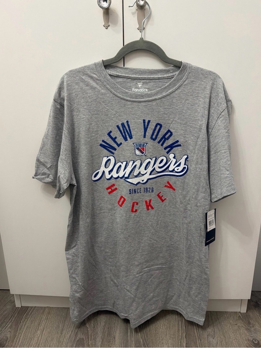 Fanatics Gray New York Rangers Short Sleeve Tee with Blue & Red Graphic